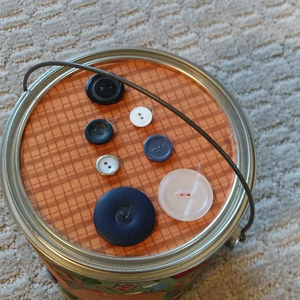 Button or Sewing Supply Storage Can with Secure Lid Closure and Handle